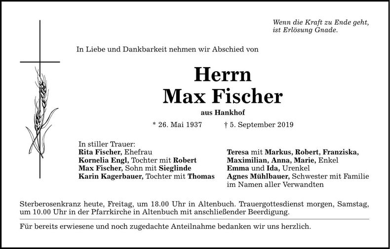 Traueranzeige Max Fischer