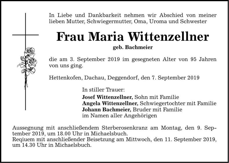 Traueranzeige Maria Wittenzellner