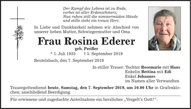 Traueranzeige Rosina Ederer