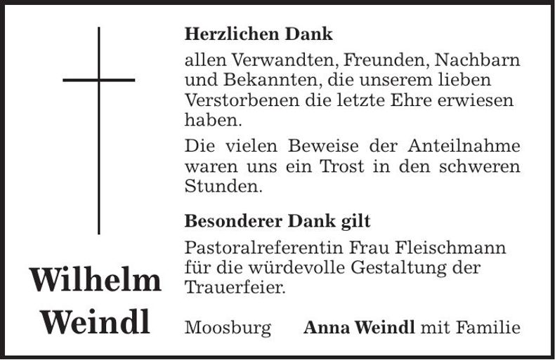 Traueranzeige Wilhelm Weindl