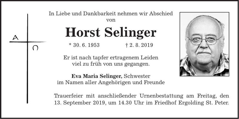 Traueranzeige Horst Selinger