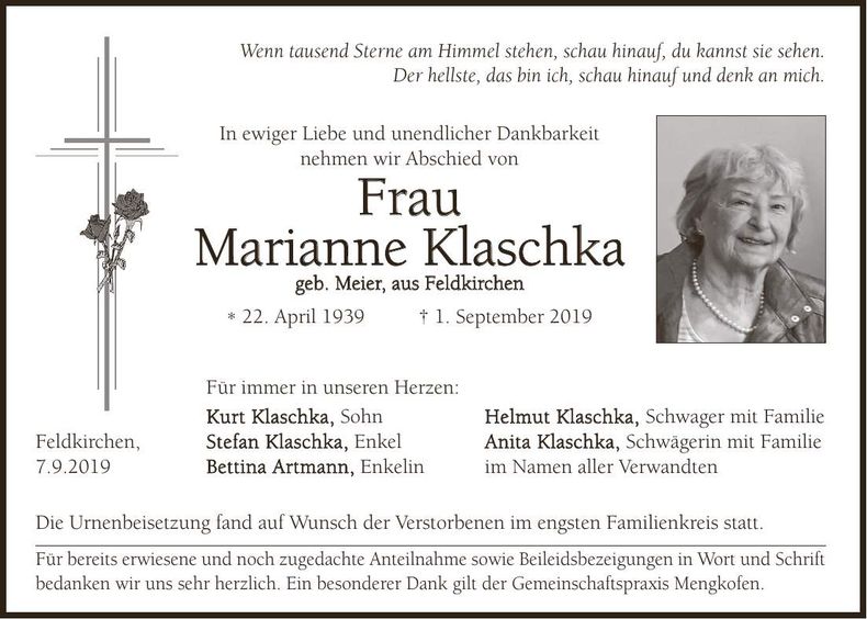 Traueranzeige Marianne Klaschka