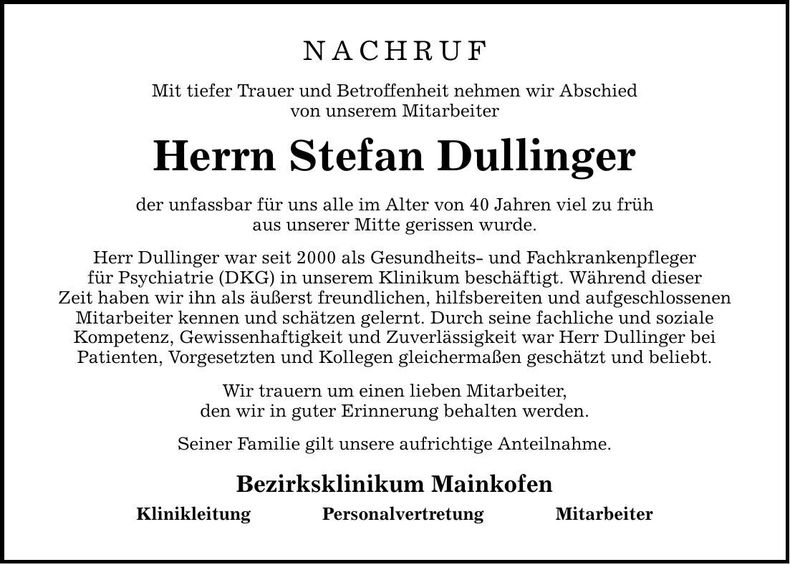 Traueranzeige Stefan Dullinger