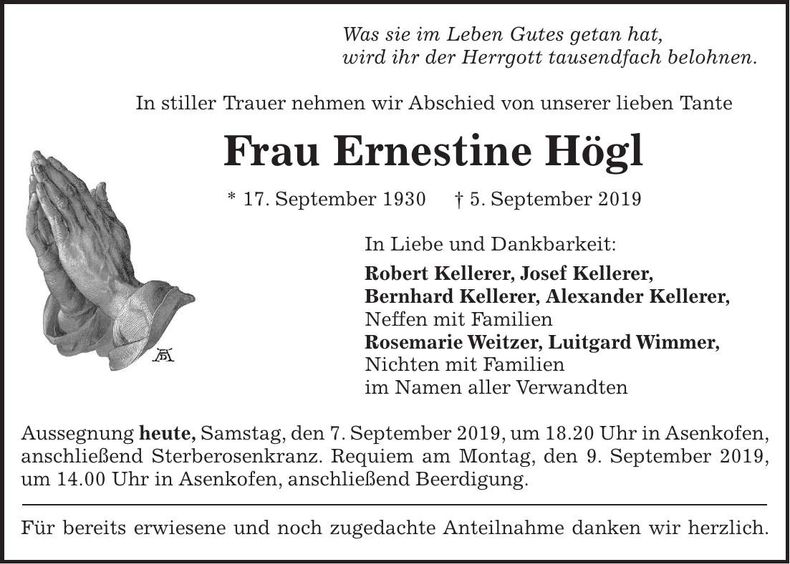 Traueranzeige Ernestine Högl