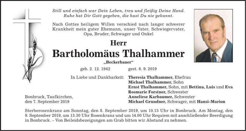 Traueranzeige Bartholomäus Thalhammer