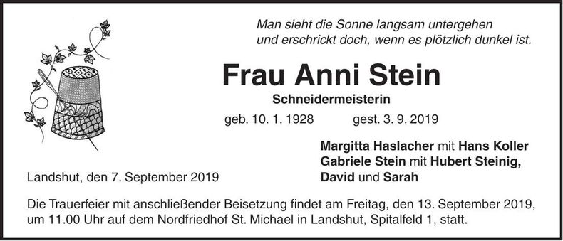 Traueranzeige Anni Stein