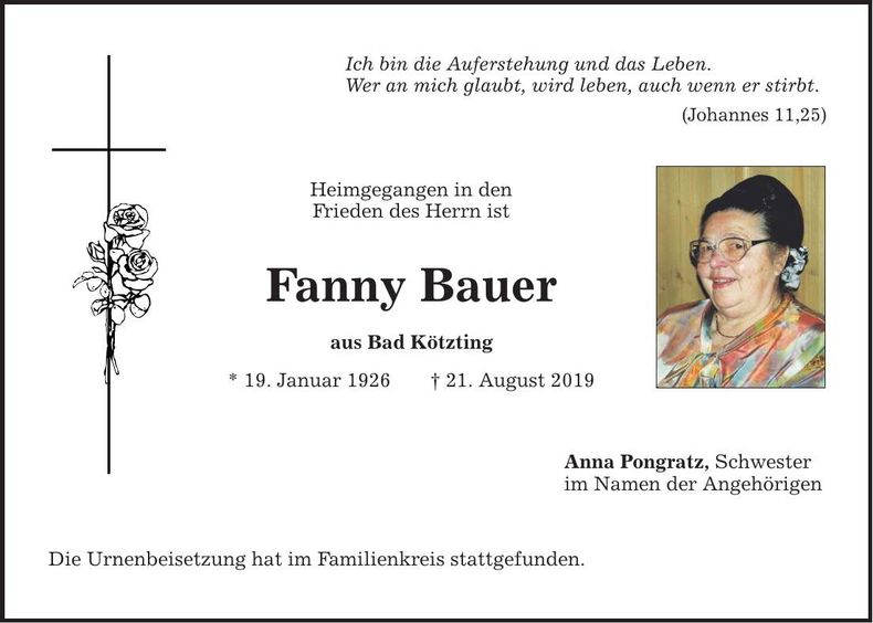Traueranzeige Fanny Bauer