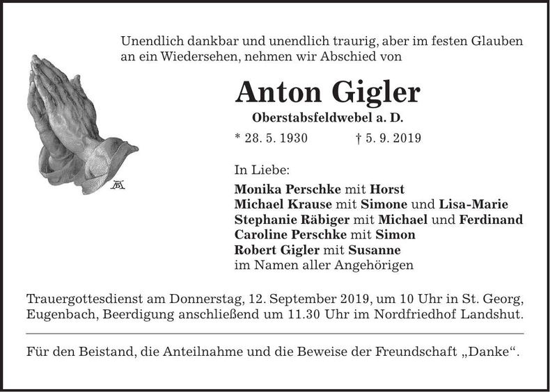 Traueranzeige Anton Gigler