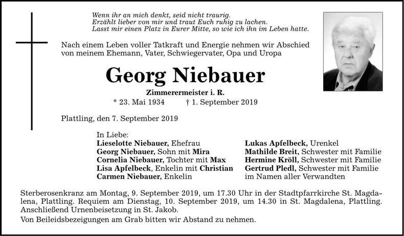 Traueranzeige Georg Niebauer