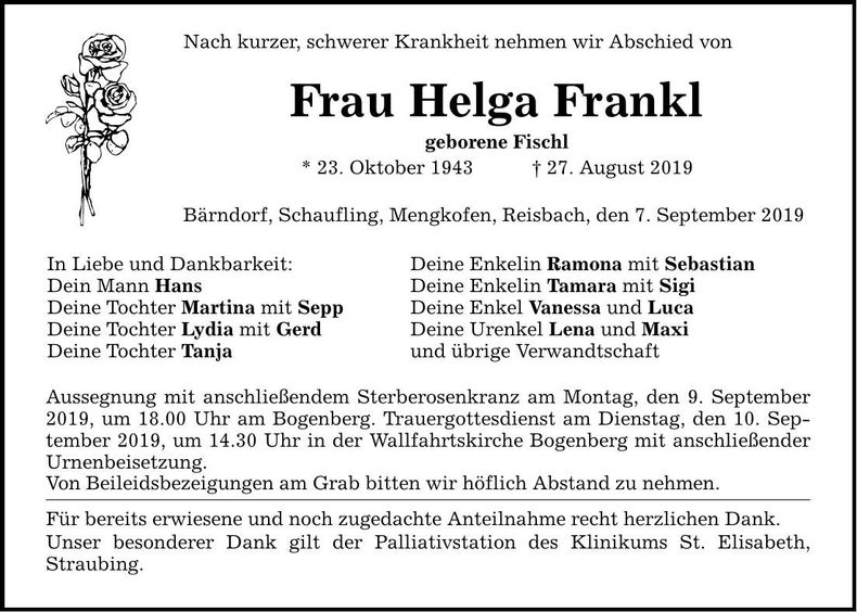 Traueranzeige Helga Frankl