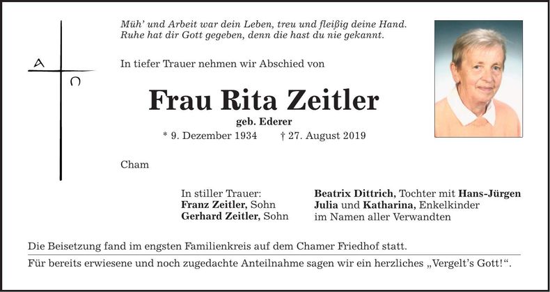 Traueranzeige Rita Zeitler