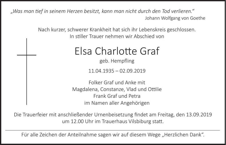 Traueranzeige Elsa Charlotte Graf