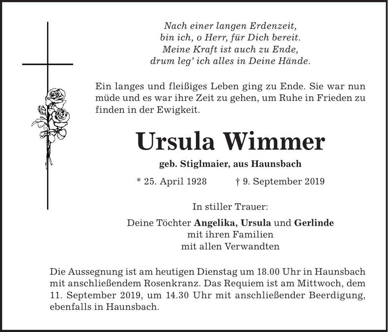 Traueranzeige Ursula Wimmer