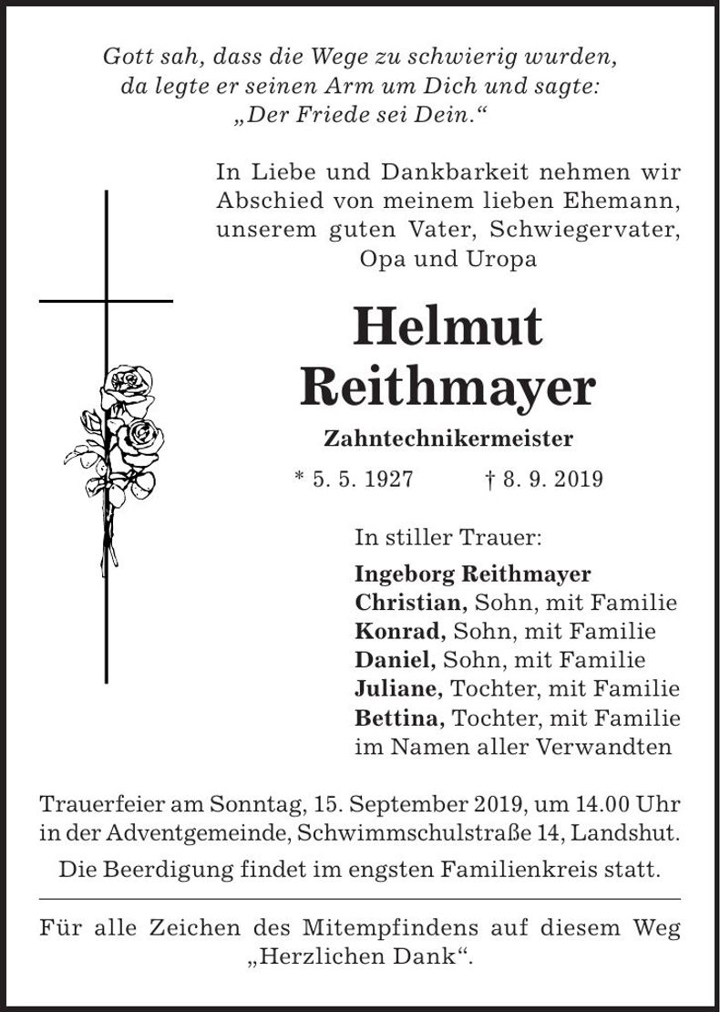 Traueranzeige Helmut Reithmayer