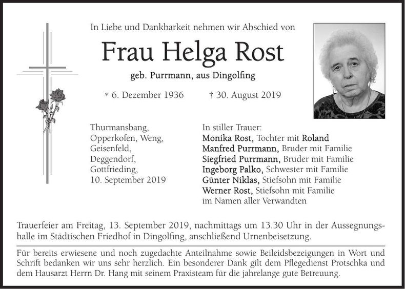 Traueranzeige Helga Rost