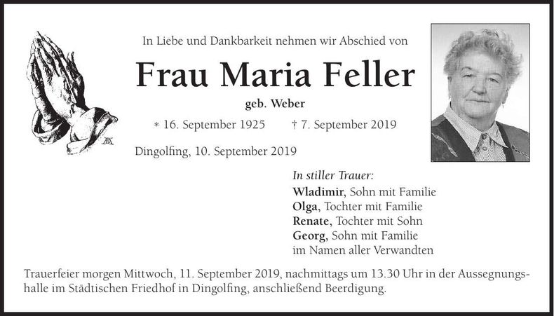 Traueranzeige Maria Feller