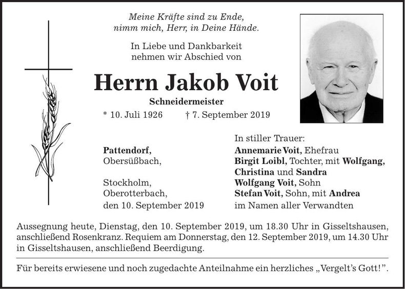 Traueranzeige Jakob Voit