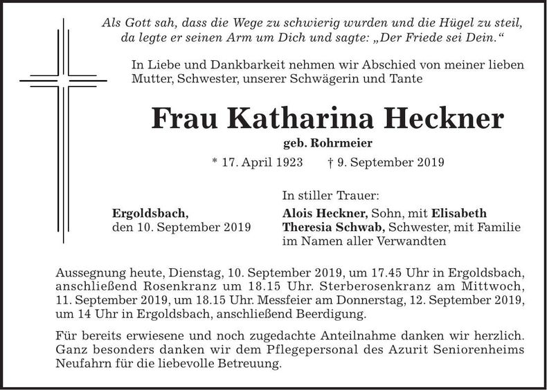 Traueranzeige Franziska Heckner