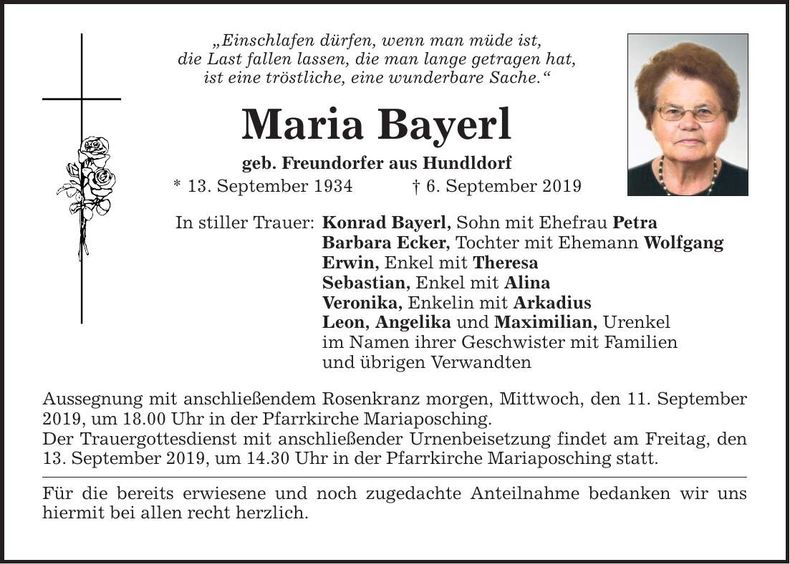 Traueranzeige Maria Bayerl