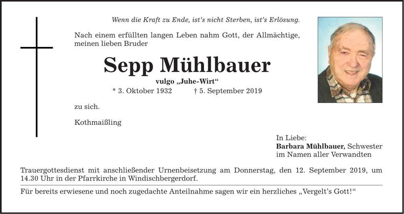 Traueranzeige Sepp Mühlbauer