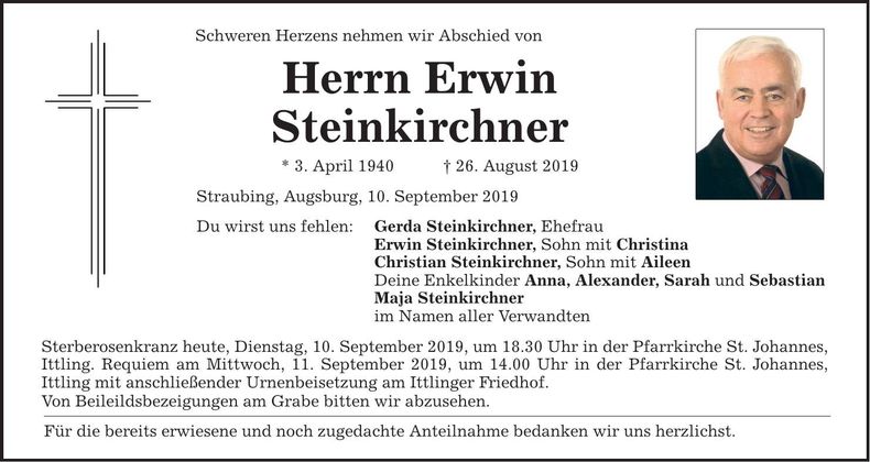 Traueranzeige Erwin Steinkirchner