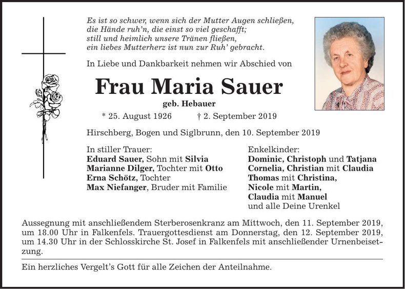 Traueranzeige Maria Sauer