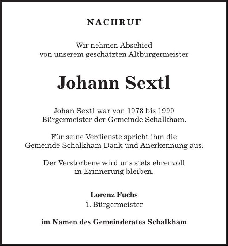 Traueranzeige Johann Sextl