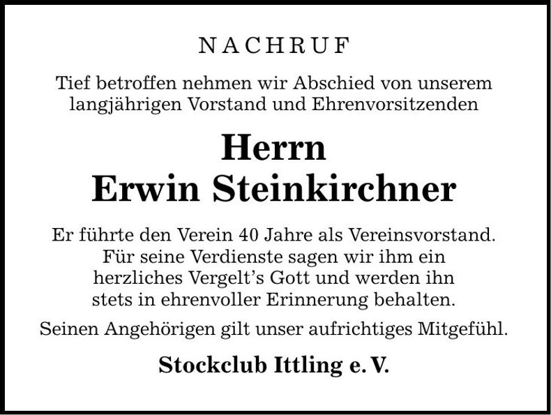 Traueranzeige Erwin Steinkirchner