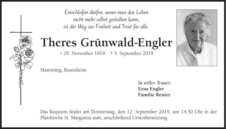 Traueranzeige Theres Grünwald-Engler