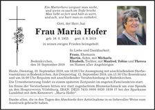 Traueranzeige Maria Hofer