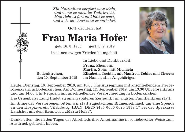 Traueranzeige Maria Hofer