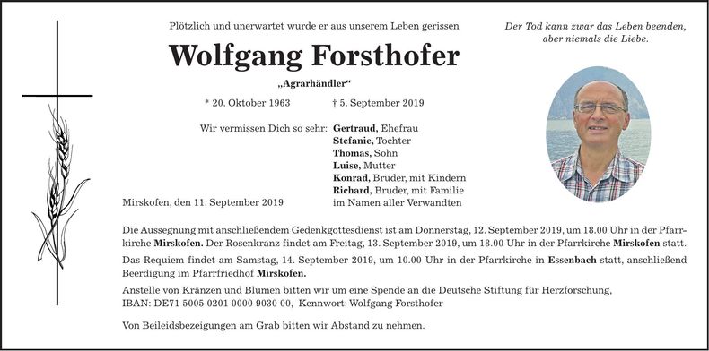 Traueranzeige Wolfgang Forsthofer