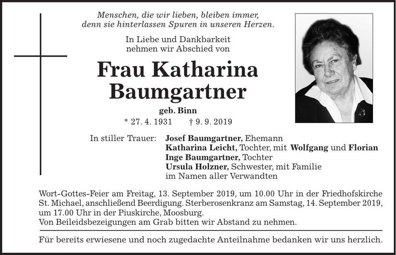 Traueranzeige Katharina Baumgartner