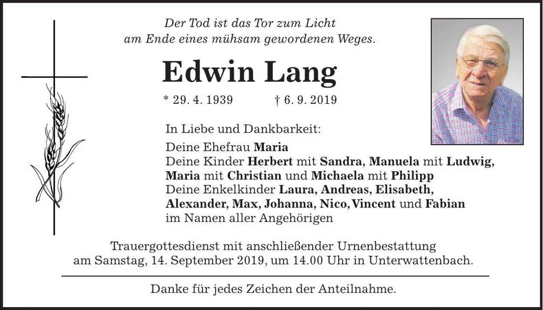 Traueranzeige Edwin Lang