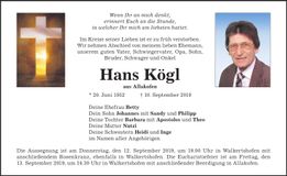 Traueranzeige Hans Kögl
