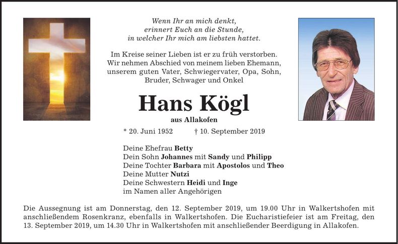 Traueranzeige Hans Kögl
