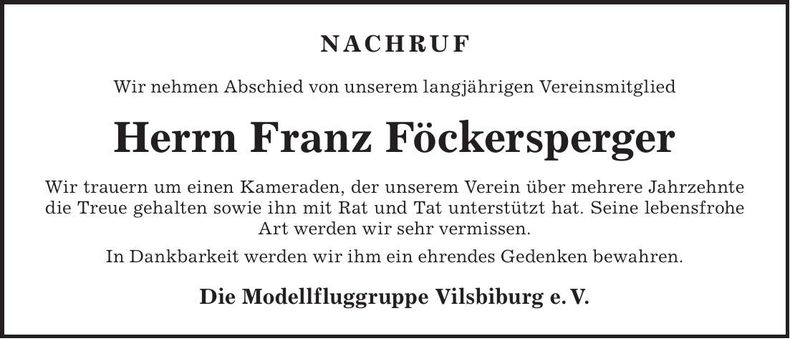 Traueranzeige Franz Föckersperger
