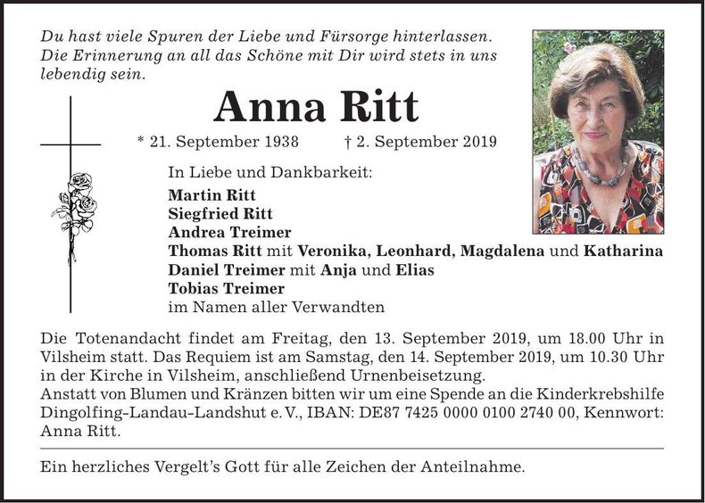 Traueranzeige Anna Ritt