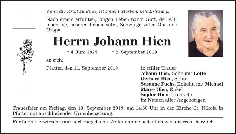 Traueranzeige Johann Hien