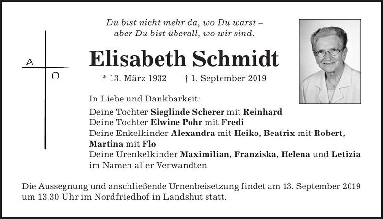 Traueranzeige Elisabeth Schmidt