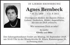 Traueranzeige Agnes Bernbeck