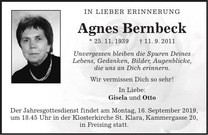 Traueranzeige Agnes Bernbeck