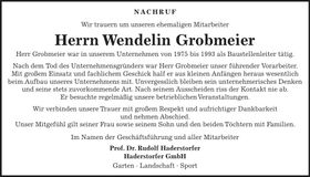 Traueranzeige Wendelin Grobmeier