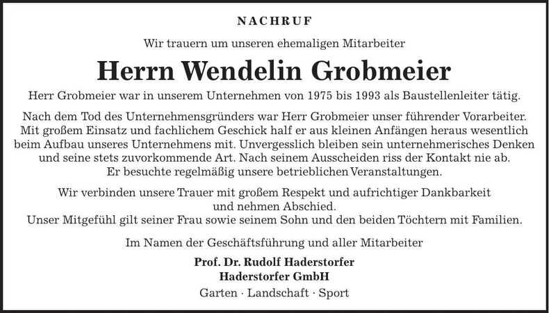 Traueranzeige Wendelin Grobmeier