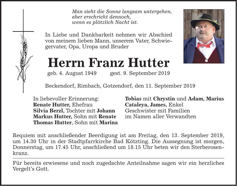 Traueranzeige Franz Hutter