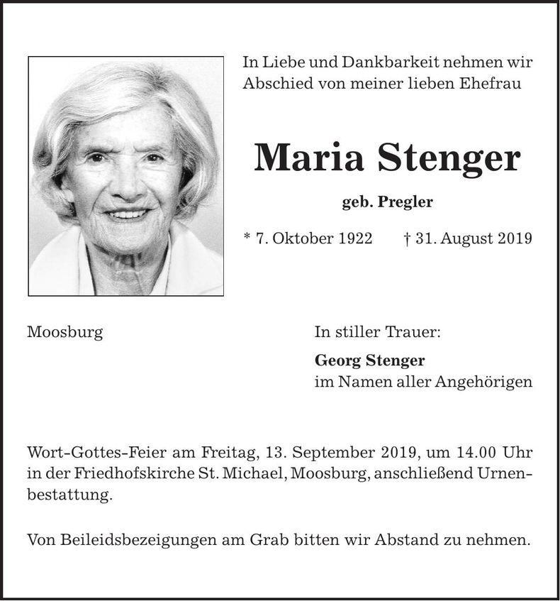 Traueranzeige Maria Stenger