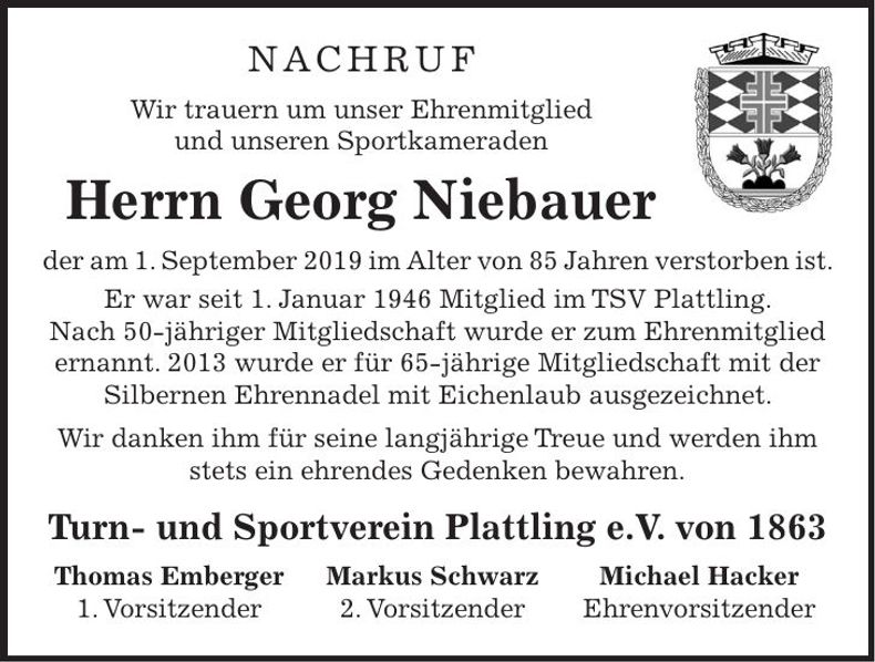 Traueranzeige Georg Niebauer