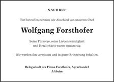 Traueranzeige Wolfgang Forsthofer
