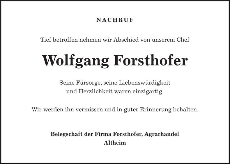 Traueranzeige Wolfgang Forsthofer