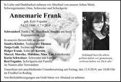 Traueranzeige Annemarie Frank